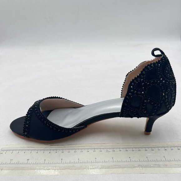 XYD Black Open Toe Rhinestones Ankle Strap Sandals Low Heel Bridal Evening Shoes - Picture 2 of 8